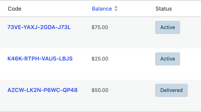 Gift card codes with their balances and statuses.