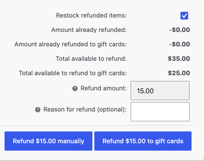 Order refund controls showing the amount available to refund to gift cards and the button to return funds to gift cards.