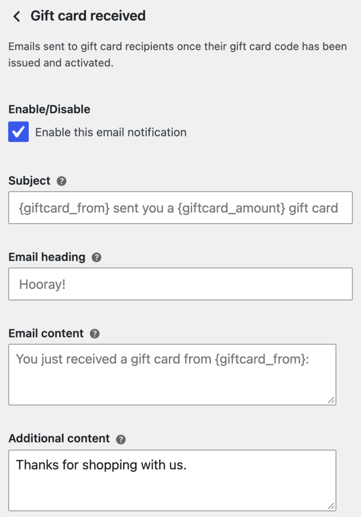 Gift card received email settings showing the subject, heading, and content fields.
