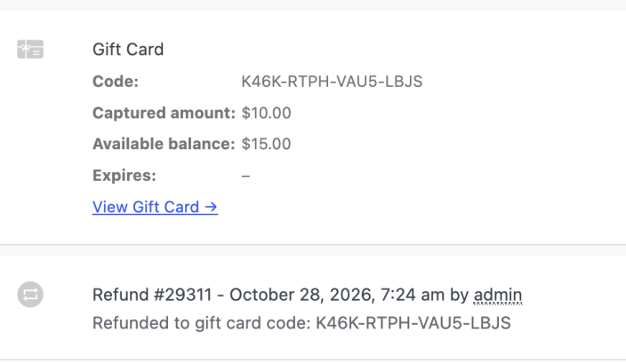 Gift card details showing the available balance and the refund record on an order.