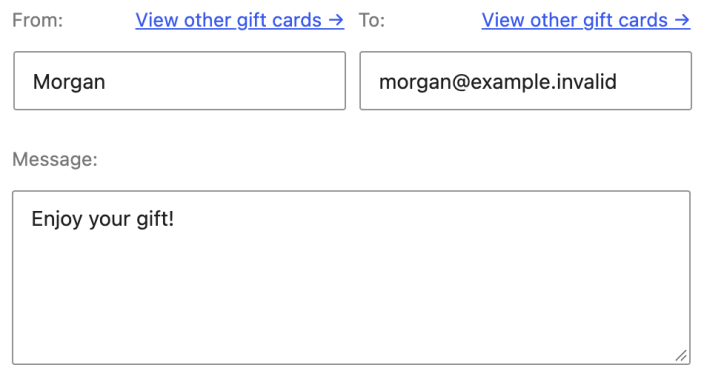 Gift card edit fields for the sender, recipient, and message.