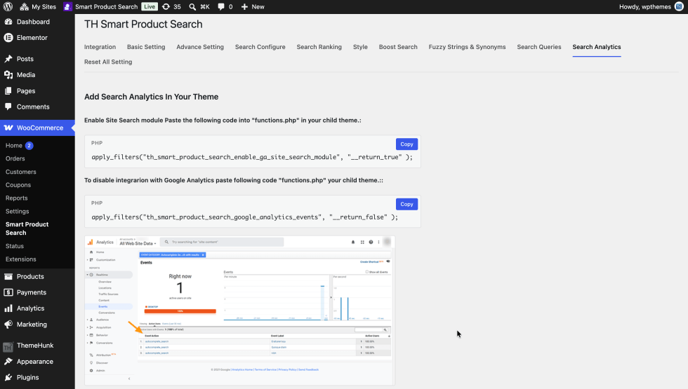 Search Analytics tab with code snippets for enabling and disabling Google Analytics search events.