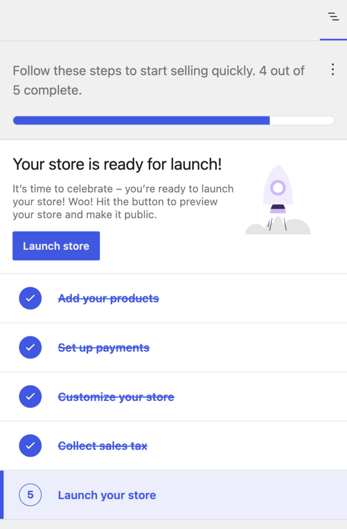 The Finish setup panel with five setup tasks, four complete and Launch your store remaining.