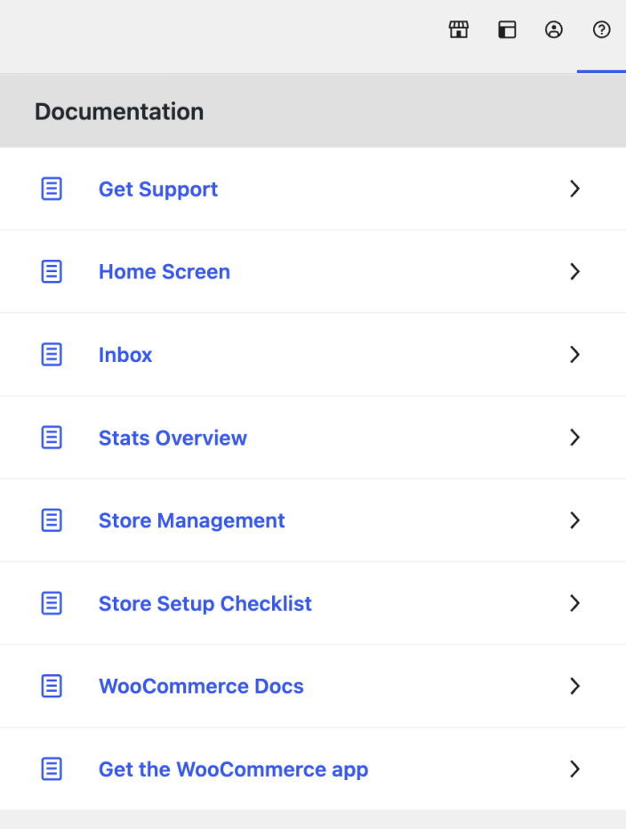 The WooCommerce Home Help panel with documentation, support, and mobile app links.