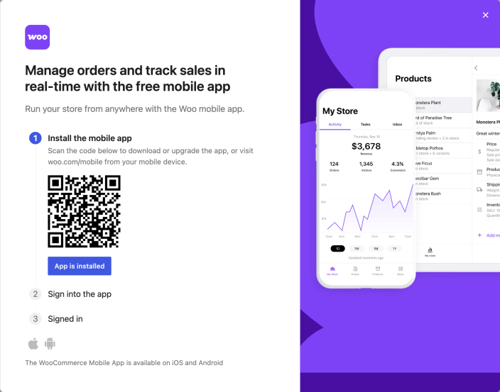 The Woo mobile app install dialog with a public download QR code and the install and sign-in steps.