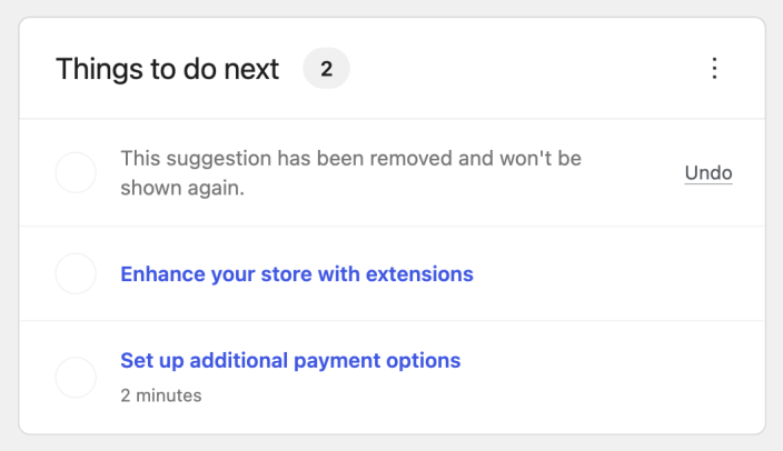 Things to do next shows a removed suggestion with an Undo action to restore it.