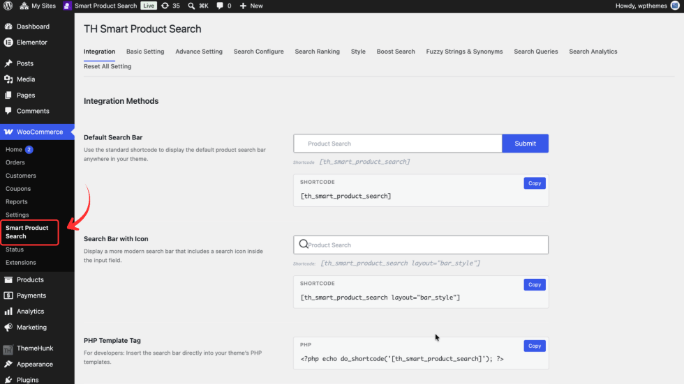 TH Smart Product Search settings page in the WooCommerce menu, showing the settings tabs. Status: Existing screenshot is suitable. Add an annotation arrow pointing to the Smart Product Search menu item.