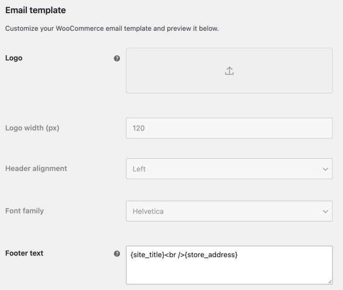 WooCommerce Email template settings with email improvements disabled, showing logo width, header alignment, and font family unavailable.