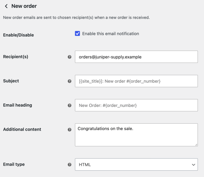 Legacy New order email settings for the recipient, subject, heading, additional content, and email type.