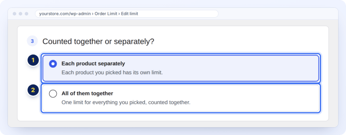 Count each product on its own, or all the picked products together, in an order limit