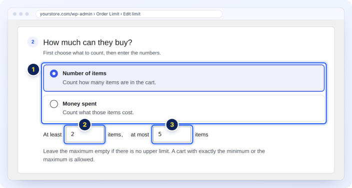 Set a minimum and maximum quantity for a WooCommerce product: at least 2 and at most 5 items