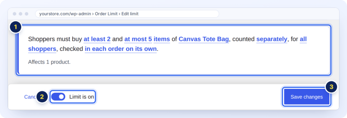 The order limit read back as a plain sentence, with the on/off switch and the Save button