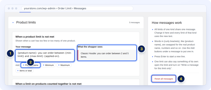 Edit the messages shoppers see when an order limit is not met, with fill-in words and a live preview