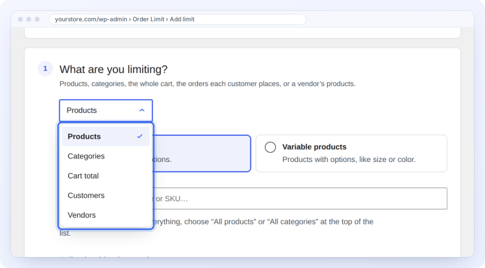 The five kinds of order limit: products, categories, cart total, customers and vendors