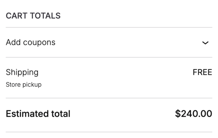 Purple cart totals showing free Store pickup for a customer in the Local shipping zone.