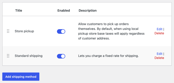 Store pickup and Standard shipping enabled in the zone methods table, with the Add shipping method button below.