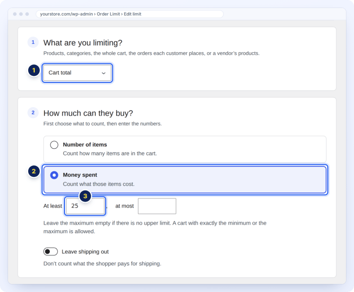 Set a minimum order amount in WooCommerce with a cart total limit of at least 25 dollars
