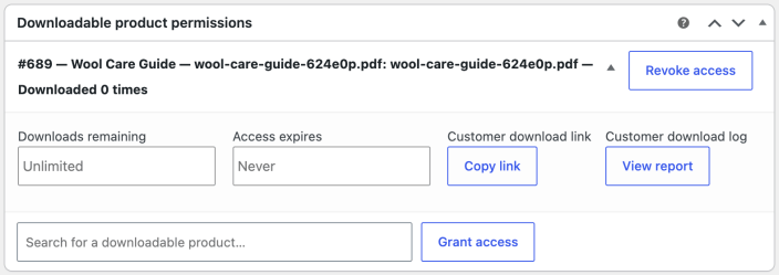 Expanded Downloadable product permissions panel for the Wool Care Guide, showing Downloads remaining, Access expires, Copy link, View report, and Grant access.