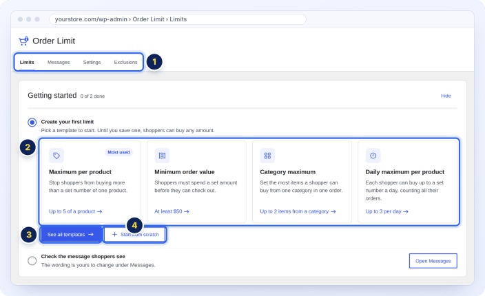 Order Limit screen in WooCommerce with the Limits, Messages, Settings and Exclusions tabs and the Getting started checklist