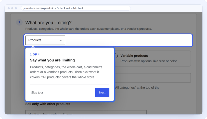 Guided tour in the order limit builder, explaining what each step does
