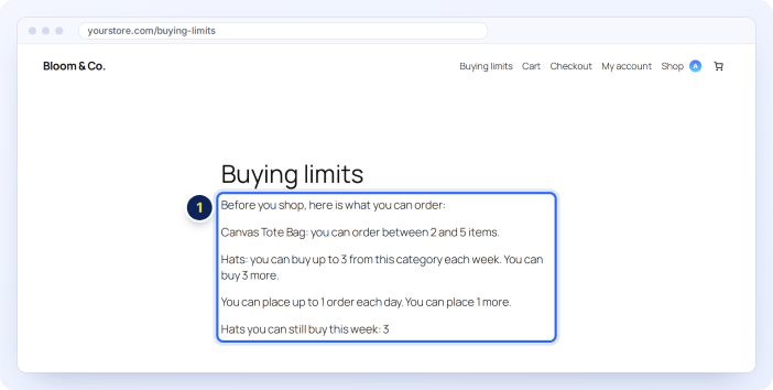 Order limits listed on a page with the order-limit-for-woocommerce shortcode