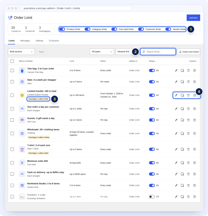 All order limits in one list, with on/off switches, search, filters and overlap warnings