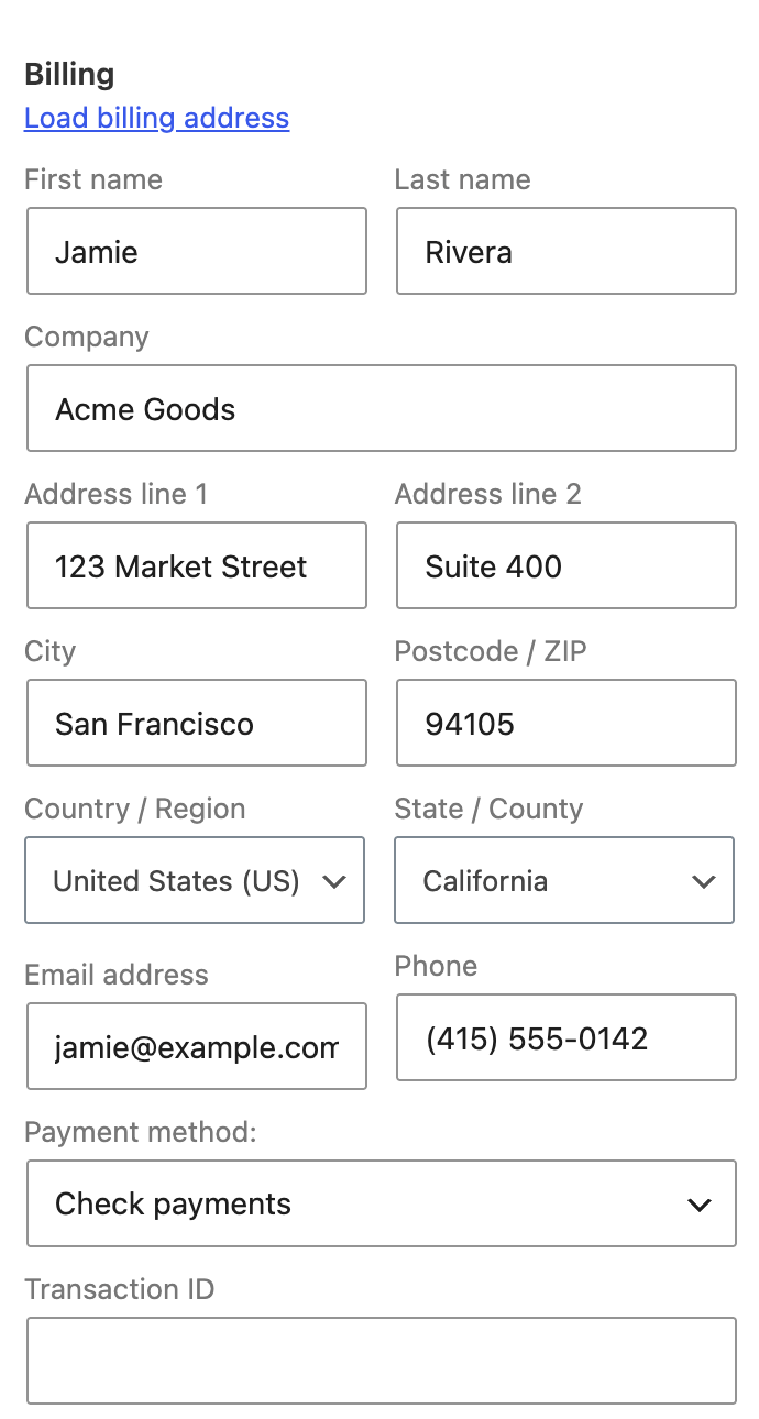Editable billing fields, including the payment method and transaction ID.