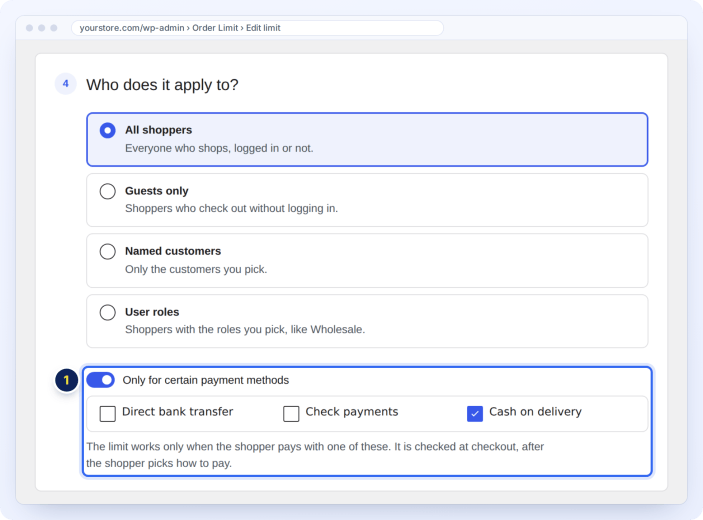 Apply an order limit only when the shopper pays with Cash on delivery