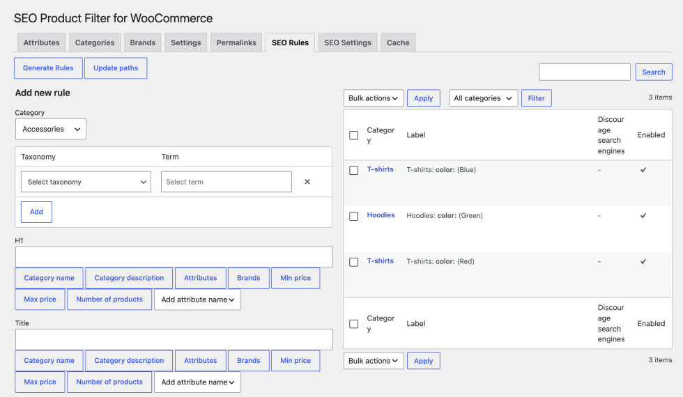 SEO Rules tab with the Generate Rules and Update paths buttons, the Add new rule form, and a table of three enabled rules: T-shirts in Blue, Hoodies in Green, and T-shirts in Red