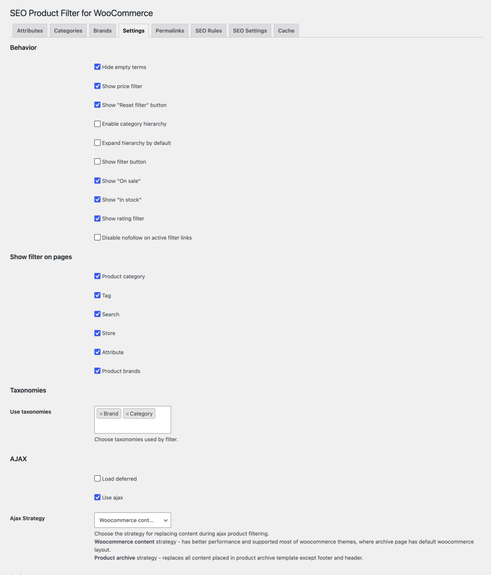 Settings tab with the Behavior, Show filter on pages, Taxonomies, and AJAX sections, with Brand and Category under Use taxonomies