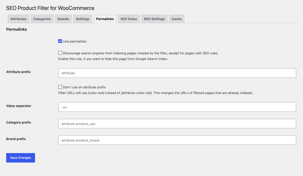 Permalinks tab with Use permalinks on, the discourage option, the attribute prefix attribute-, the value separator -or-, and the Category prefix and Brand prefix fields