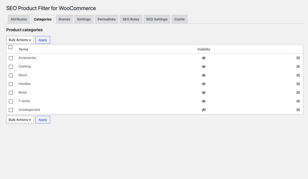 Categories tab listing product categories, each with an eye icon and a drag handle, with every category shown except Uncategorized