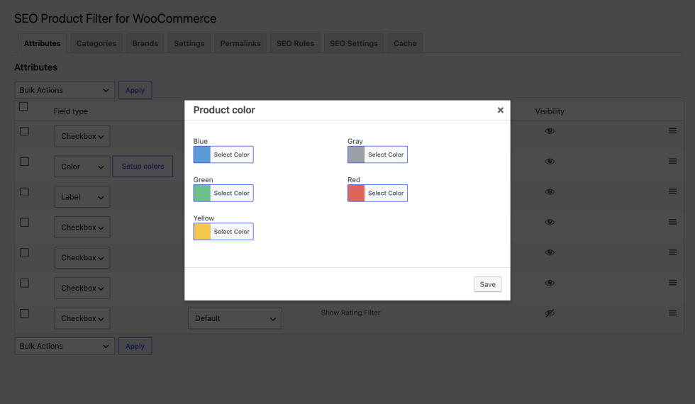 Product color dialog open over the Attributes tab, with a color and a Select Color button for Blue, Gray, Green, Red, and Yellow, and a Save button