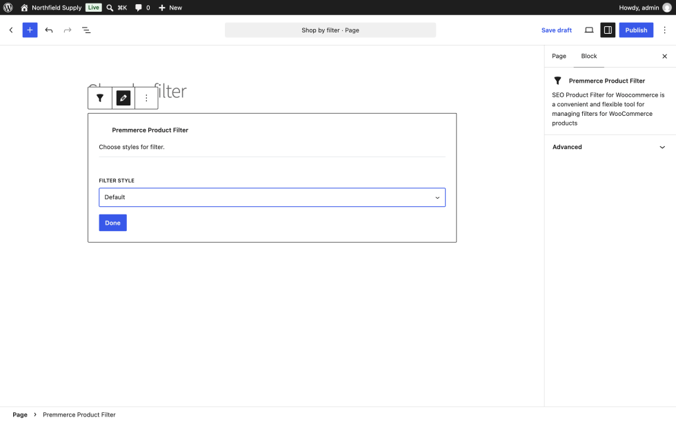 Premmerce Product Filter block just inserted in a page, with the Filter style dropdown set to Default and a Done button