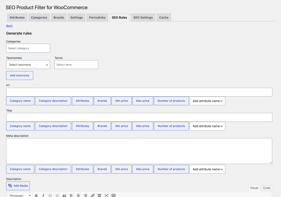Generate rules form with the Categories, Taxonomies, and Terms fields, the Add taxonomy button, and the H1, Title, Meta description, and Description fields with their variable buttons