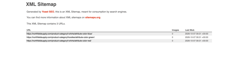 Yoast SEO filter_seo_rule-sitemap.xml listing three SEO rule URLs, for blue T-shirts, green hoodies, and red T-shirts, with their last modified dates