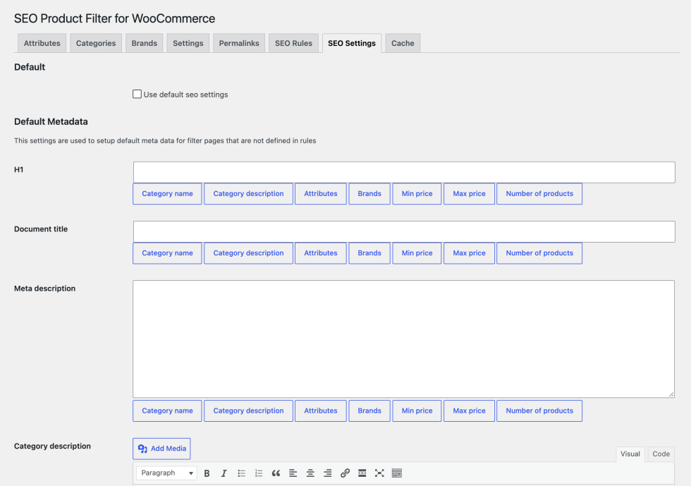 SEO Settings tab with the Use default seo settings checkbox and the Default Metadata fields: H1, Document title, Meta description, and Category description, each with variable buttons