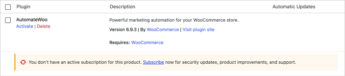 AutomateWoo on the Plugins screen with a no-active-subscription notice and a Subscribe link.