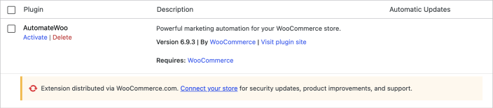 AutomateWoo on the Plugins screen with a Connect your store notice.