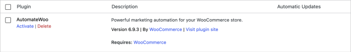 AutomateWoo on the Plugins screen without a connection or subscription warning.