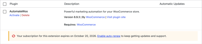 AutomateWoo on the Plugins screen with an upcoming expiry date and an Enable auto-renew link.