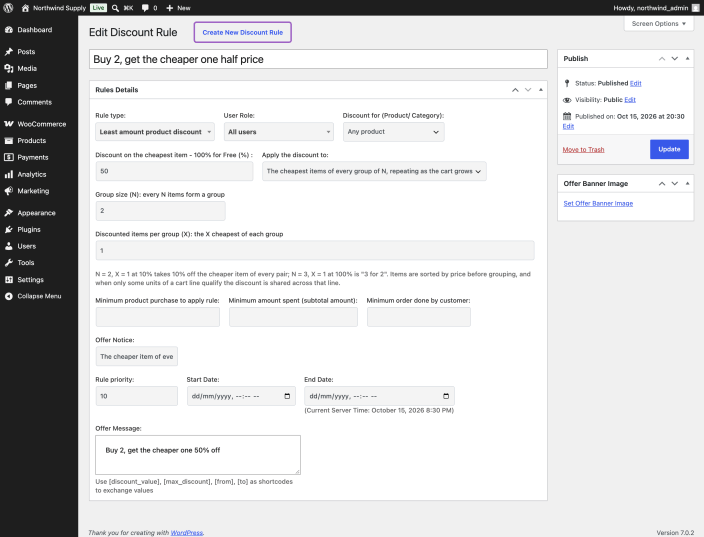 The Least amount product discount rule editor with 50 percent entered, Apply the discount to set to the cheapest items of every group of N, a group size of 2 and one discounted item per group.