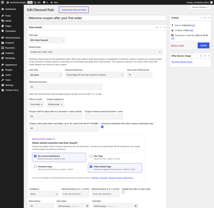 The Nth Order Reward rule editor with Reward type set to Coupon for a later order, a 15 percent coupon, a maximum discount of 20, Whole order selected, 30 days of validity and the PP code prefix.