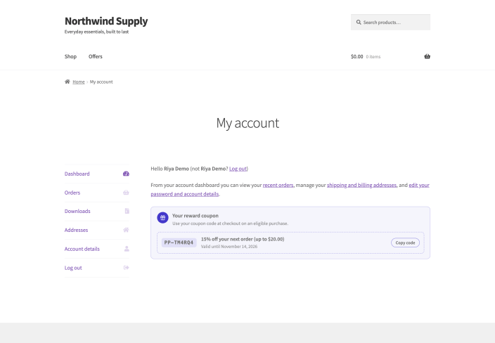 The reward coupon notice on the My Account dashboard listing one coupon with its code, 15 percent off up to 20 dollars, an expiry date and a Copy code button.