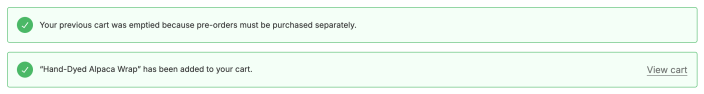 Notices saying the previous cart was emptied because pre-orders must be purchased separately, and that the pre-order product was added to the cart