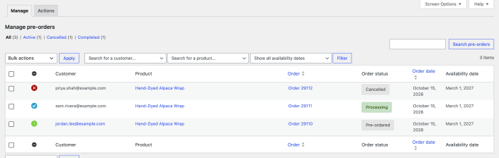 Manage pre-orders screen listing three pre-orders with cancelled, completed and active status icons, customer, product, order, order status, order date and availability date