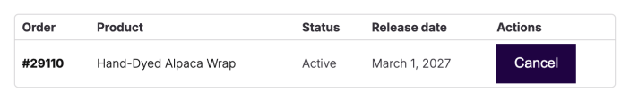 My account Pre-orders table showing an active pre-order with its order number, product, release date and a Cancel button