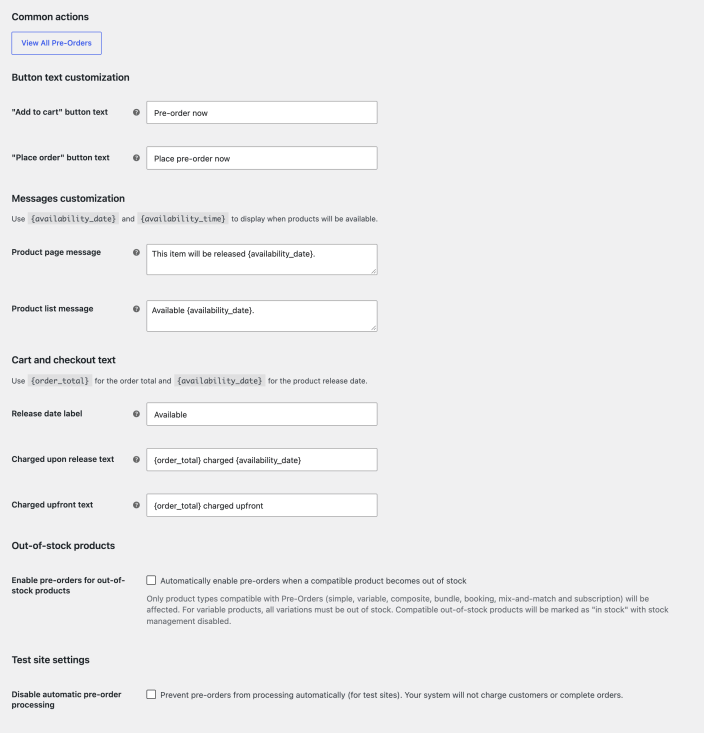 Pre-Orders settings with the View All Pre-Orders button, button text, product messages, cart and checkout text, out-of-stock and test site options