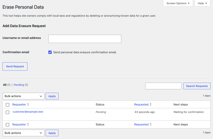 WordPress Erase Personal Data screen with a pending request for customer@example.test.