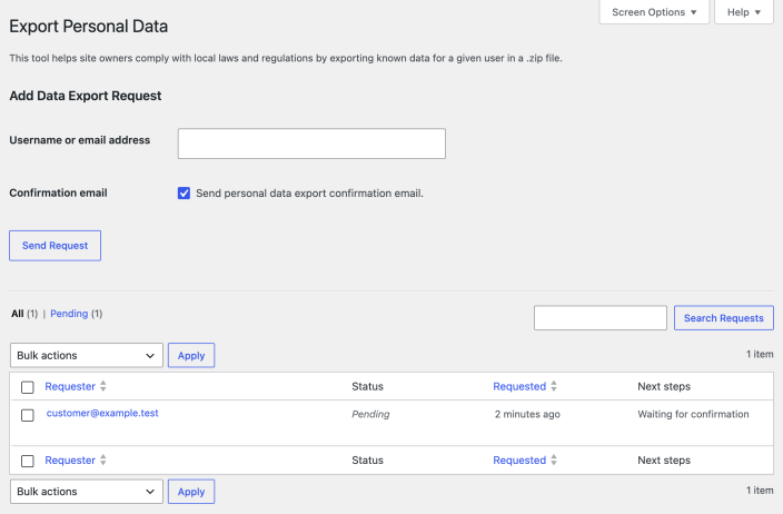 WordPress Export Personal Data screen with a pending request for customer@example.test.